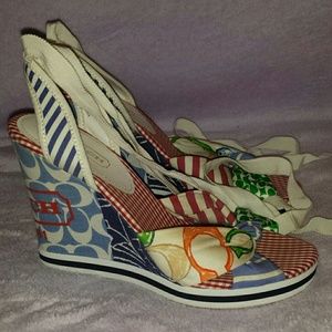 Coach Patchwork lace up wedge sandals size7